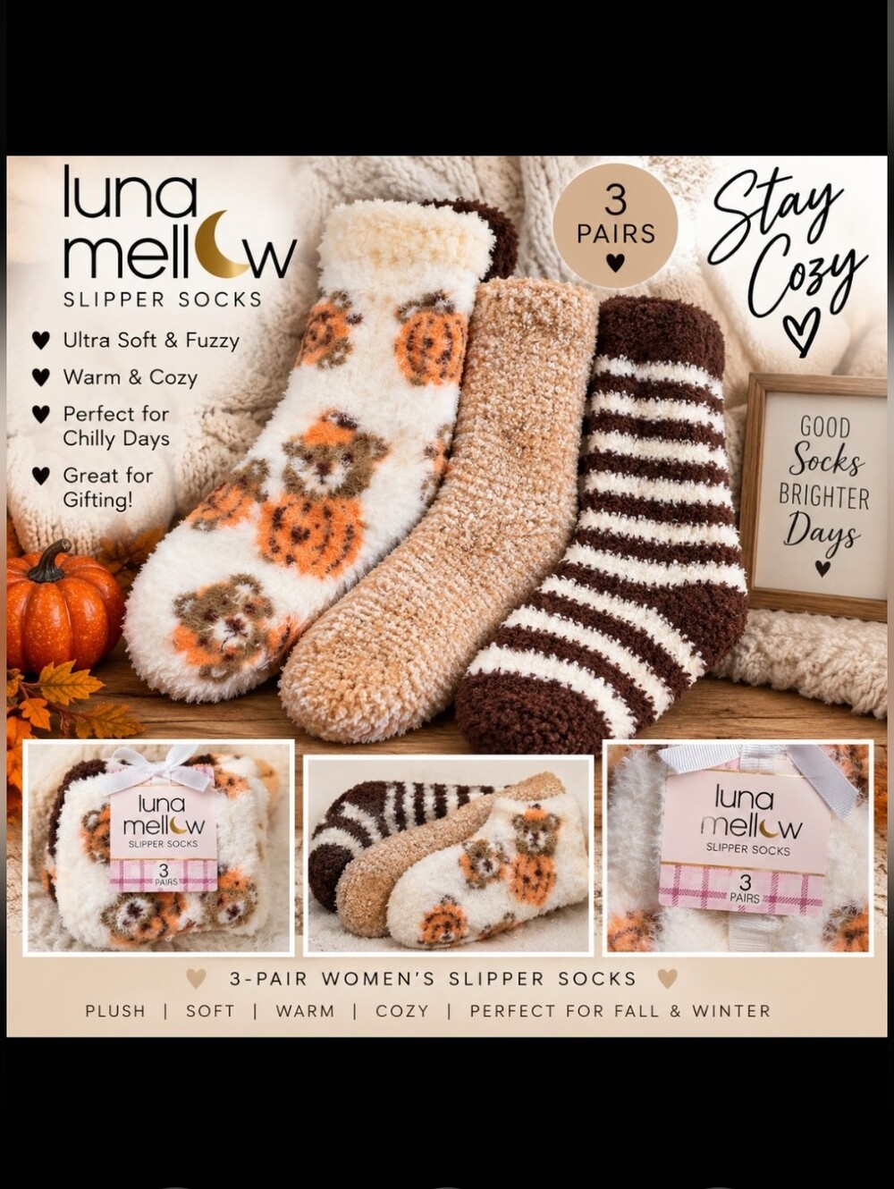 Luna Mellow Women's Plush Slipper Socks - Cream & Brown, 3-Pack